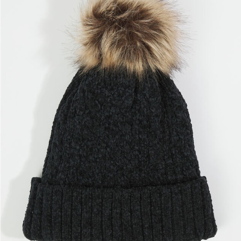 Altar'd State Black Knit Hat with Brown Faux Fur Pom